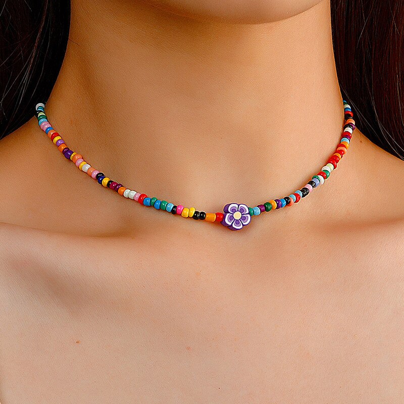 Bohemian Stained Glass Rice Bead Necklace Natural Pearl Women's Short Necklace Charm Jewelry Handmade Christmas Gift Girl
