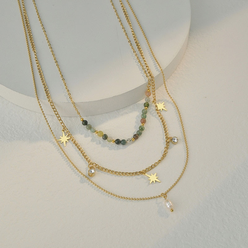 Bohemian Stainless Steel Chain Choker Necklaces For Women Handmade Stone Pearl Little Star Charm Necklace Collares Para Mujer