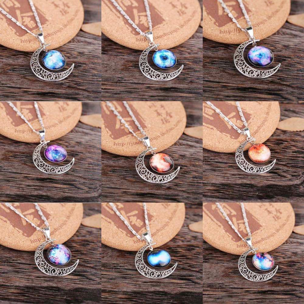 Bohemian Starry Sky Galaxy Nebula Art Pattern Moon Glass Round Charm Pendant Necklace 2022 Jewelry For Women