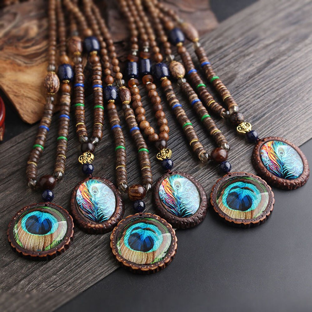 Bohemian Style Handmade Beaded Pendant Necklace Buddhist Wood Beads Dangle Necklace Ethnic Vintage Jewelry