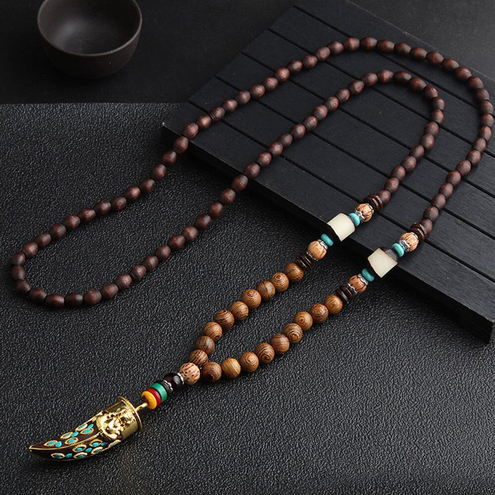 Bohemian Style Handmade Beaded Pendant Necklace Buddhist Wood Beads Dangle Necklace Ethnic Vintage Jewelry