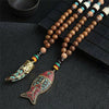 Bohemian Style Handmade Beaded Pendant Necklace Buddhist Wood Beads Dangle Necklace Ethnic Vintage Jewelry