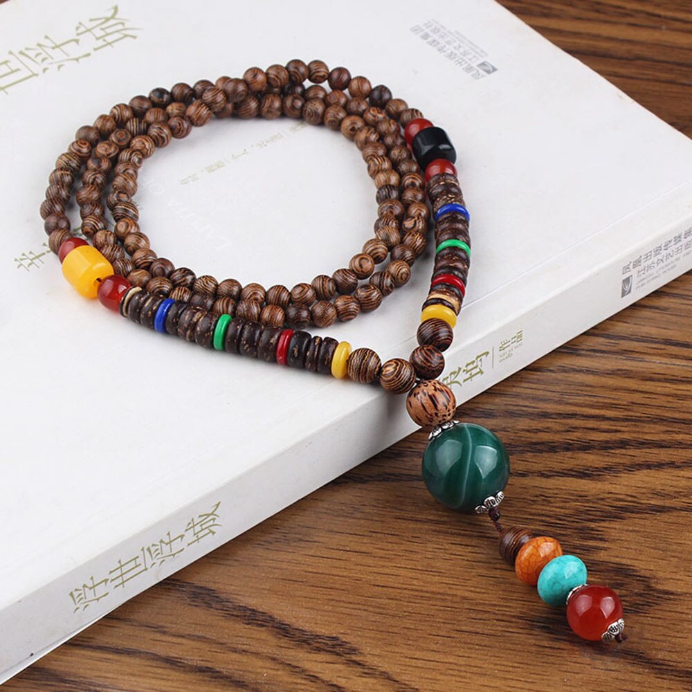Bohemian Style Handmade Beaded Pendant Necklace Buddhist Wood Beads Dangle Necklace Ethnic Vintage Jewelry