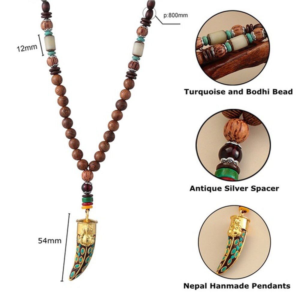 Bohemian Style Handmade Beaded Pendant Necklace Buddhist Wood Beads Dangle Necklace Ethnic Vintage Jewelry