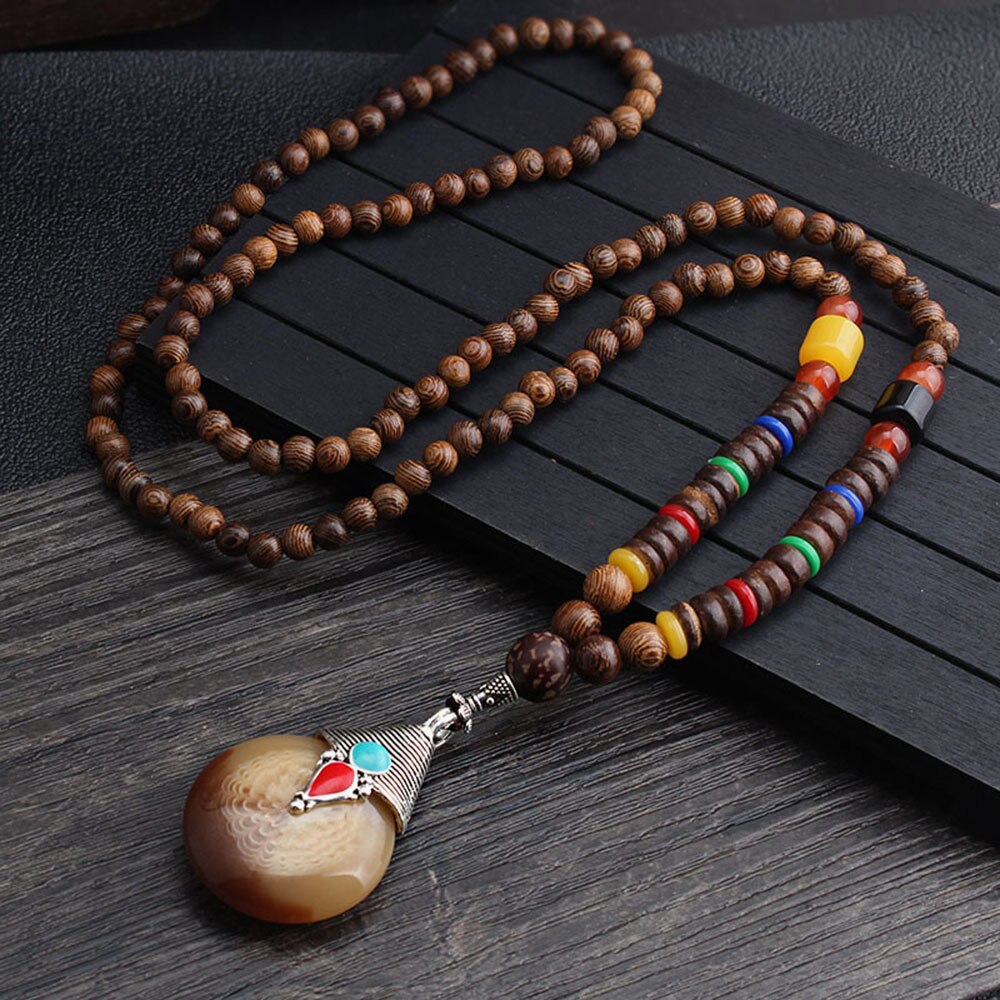Bohemian Style Handmade Beaded Pendant Necklace Buddhist Wood Beads Dangle Necklace Ethnic Vintage Jewelry