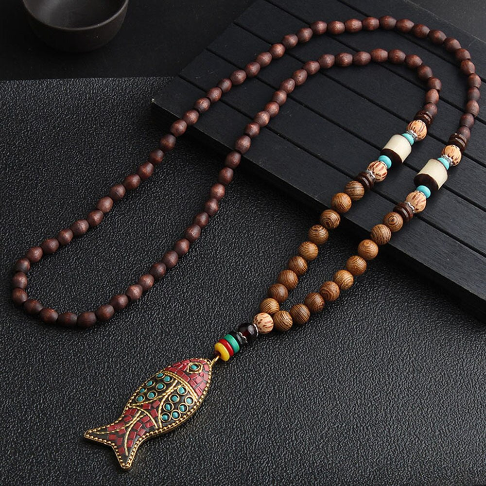 Bohemian Style Handmade Beaded Pendant Necklace Buddhist Wood Beads Dangle Necklace Ethnic Vintage Jewelry