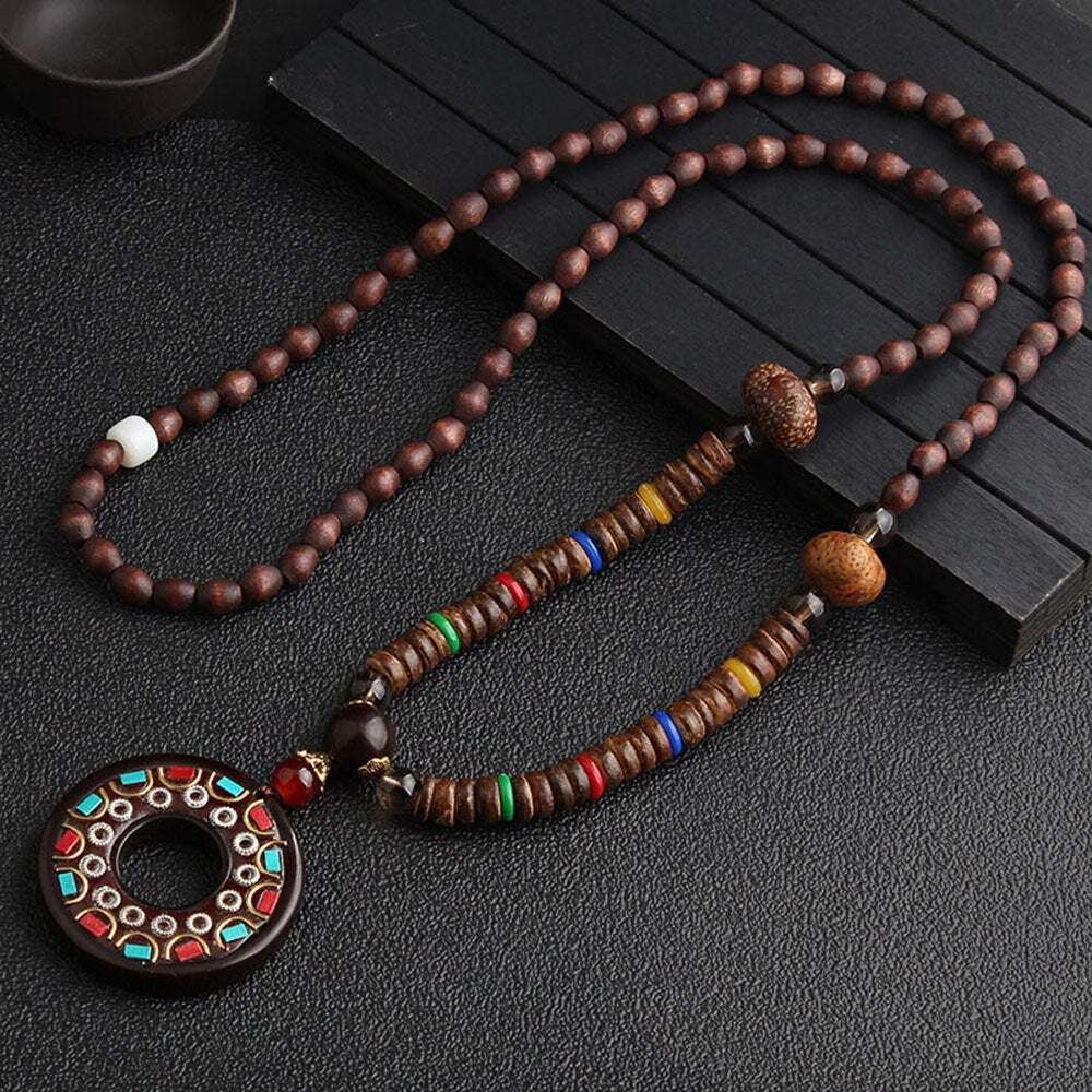 Bohemian Style Handmade Beaded Pendant Necklace Buddhist Wood Beads Dangle Necklace Ethnic Vintage Jewelry
