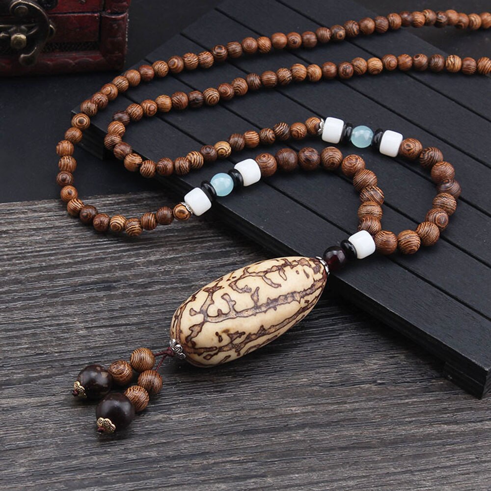 Bohemian Style Handmade Beaded Pendant Necklace Buddhist Wood Beads Dangle Necklace Ethnic Vintage Jewelry