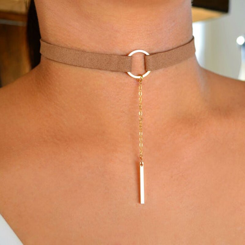 Bohemian Style Thick Brown/Black Vegan Suede Choker with Bar Charm Boho Cord Choker Leather 90s Minimalist Jewelry SUEDE 30+6cm