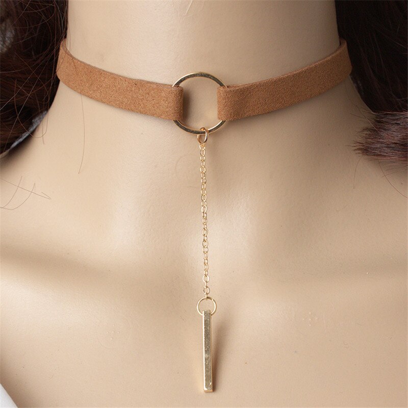 Bohemian Style Thick Brown/Black Vegan Suede Choker with Bar Charm Boho Cord Choker Leather 90s Minimalist Jewelry SUEDE 30+6cm