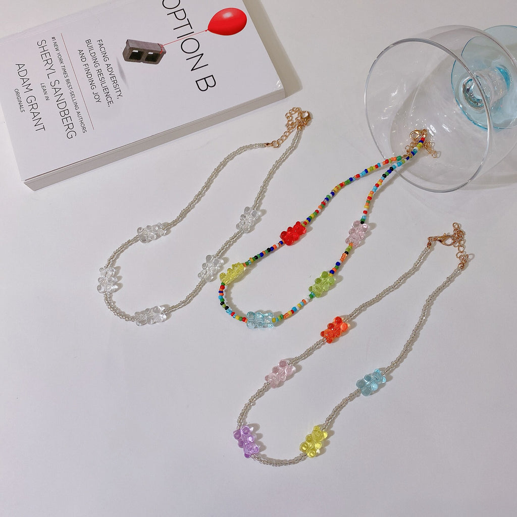 Bohemian Transparent Colorful Bear Beaded Chain Necklace For Women Handmade Jewelry Gift