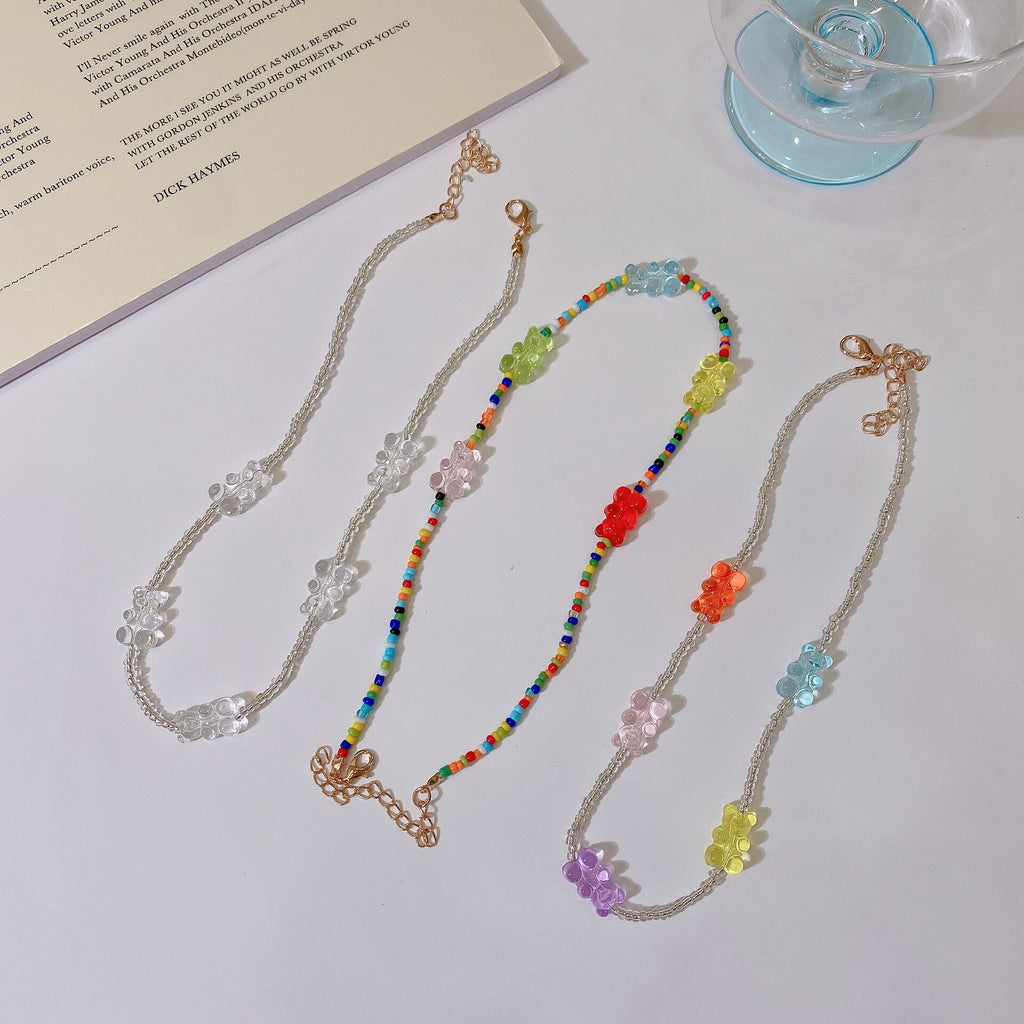 Bohemian Transparent Colorful Bear Beaded Chain Necklace For Women Handmade Jewelry Gift