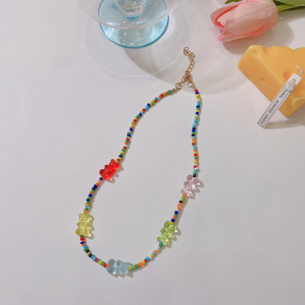 Bohemian Transparent Colorful Bear Beaded Chain Necklace For Women Handmade Jewelry Gift