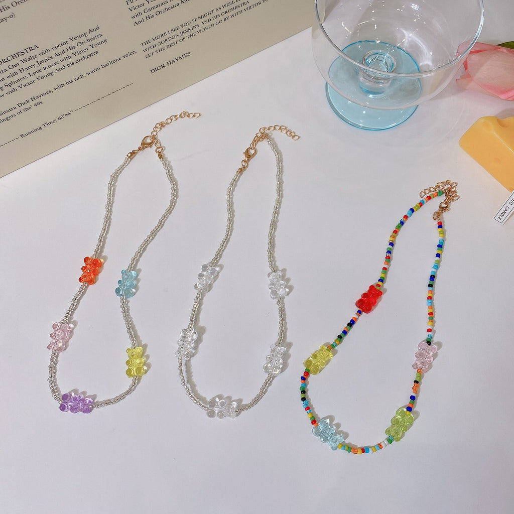Bohemian Transparent Colorful Bear Beaded Chain Necklace For Women Handmade Jewelry Gift
