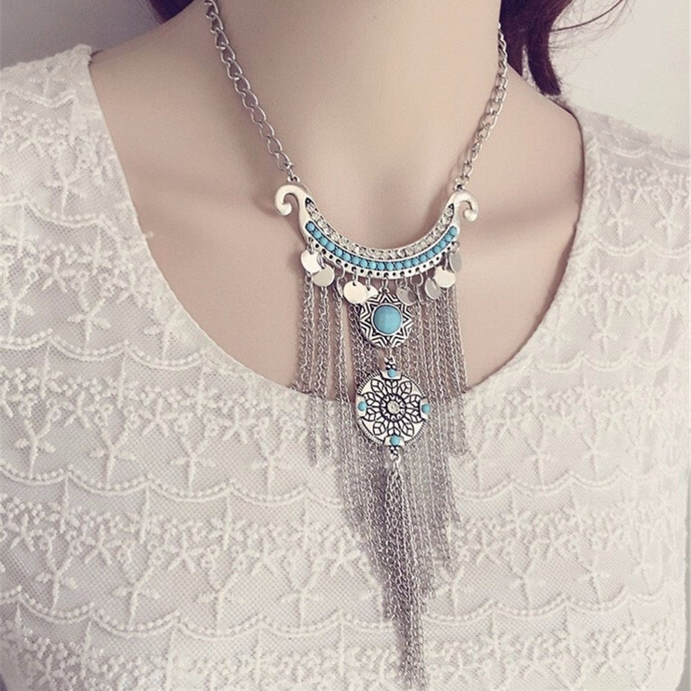 Bohemian Vintage Coin Long Pendant Necklace Silver Chain Gypsy Tribal Ethnic silver jewelry Tassel Necklace for women