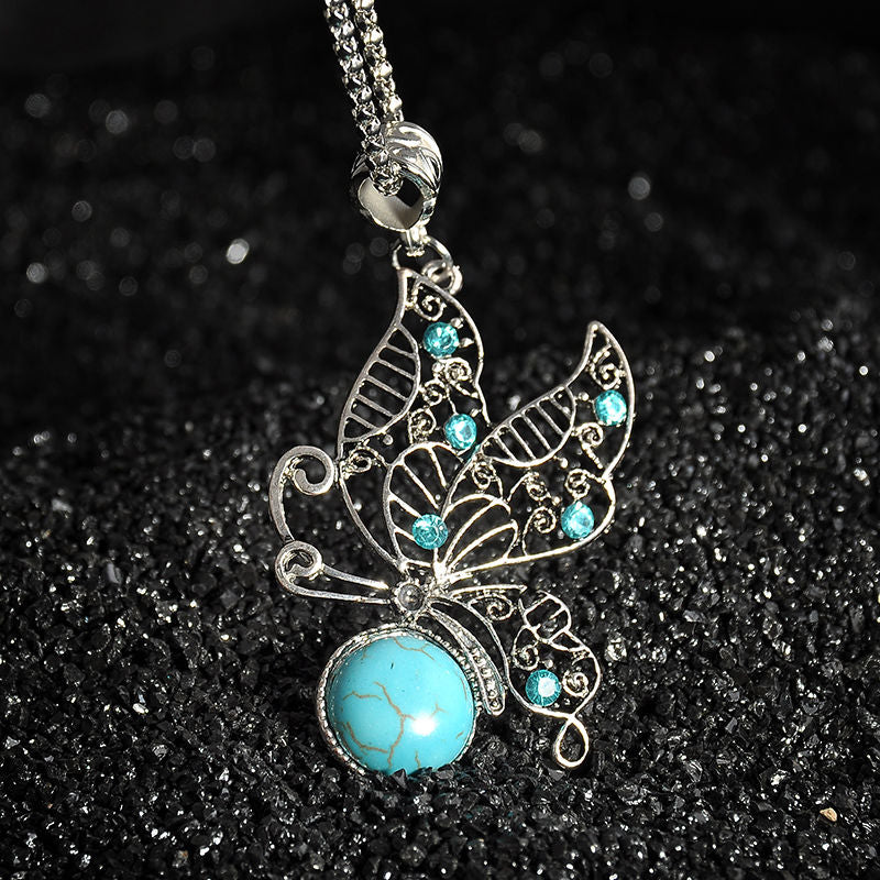 Bohemian Vintage Crystal Butterfly/Flower/Hollow Tree/Heart Shape Pendant Silver Chain Necklace Fashion Women Jewelry