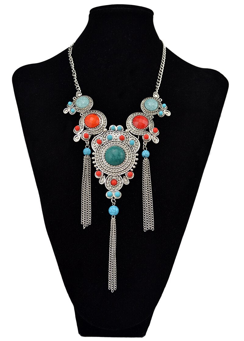 Bohemian Vintage Long Tassel Multicolor Stone Bead Boho Collier Maxi Necklace Gypsy Flower Bib Statement Necklaces For Women