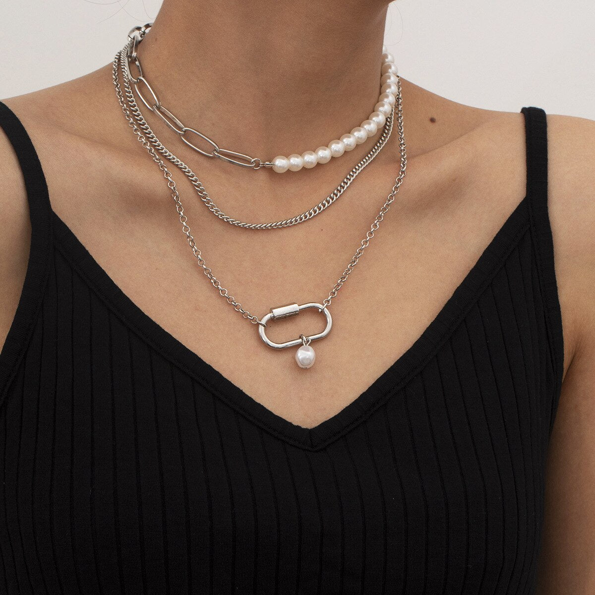 Bohemian Vintage MultiLayered Chain Simulated Pearl Necklace Square Pendant Bead Choker Gothic Multilayer Pendant Necklaces