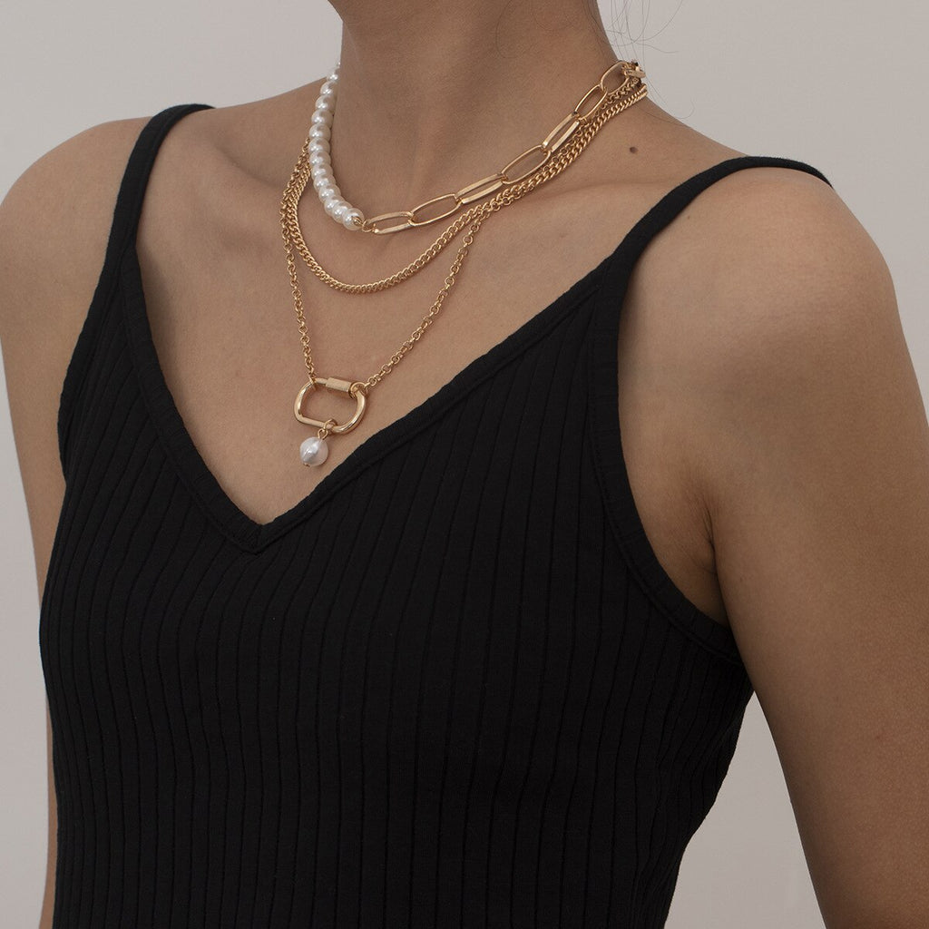 Bohemian Vintage MultiLayered Chain Simulated Pearl Necklace Square Pendant Necklace Women Choker Metal Love Chains Goth Jewelry