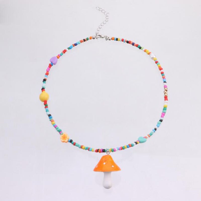 Bohemian Women Multicolor Beads Handmade Necklaces For Women Boho Glass Mushroom Pendant Necklace Ladies Jewelry Gift