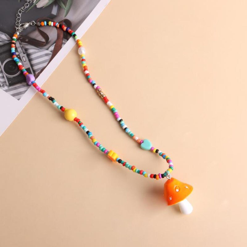 Bohemian Women Multicolor Beads Handmade Necklaces For Women Boho Glass Mushroom Pendant Necklace Ladies Jewelry Gift