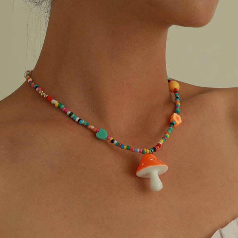 Bohemian Women Multicolor Beads Handmade Necklaces For Women Boho Glass Mushroom Pendant Necklace Ladies Jewelry Gift