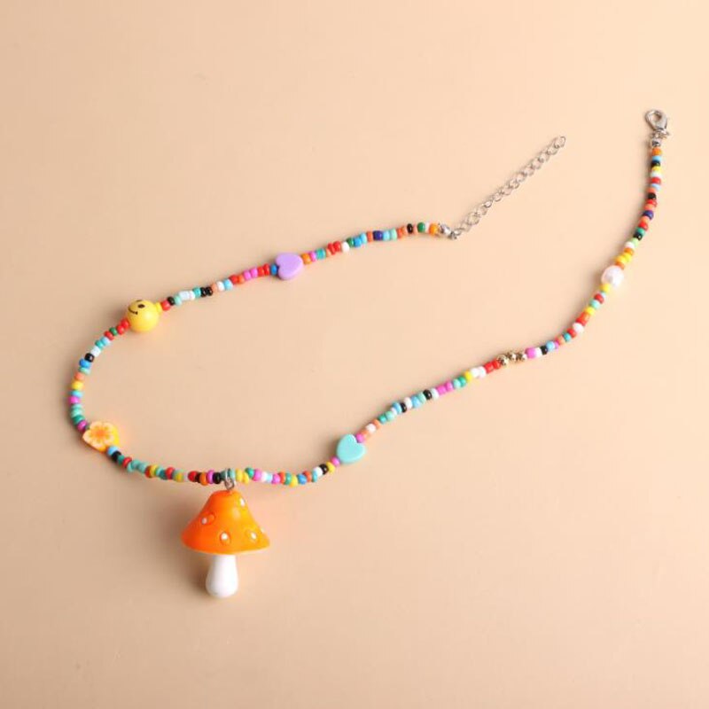 Bohemian Women Multicolor Beads Handmade Necklaces For Women Boho Glass Mushroom Pendant Necklace Ladies Jewelry Gift