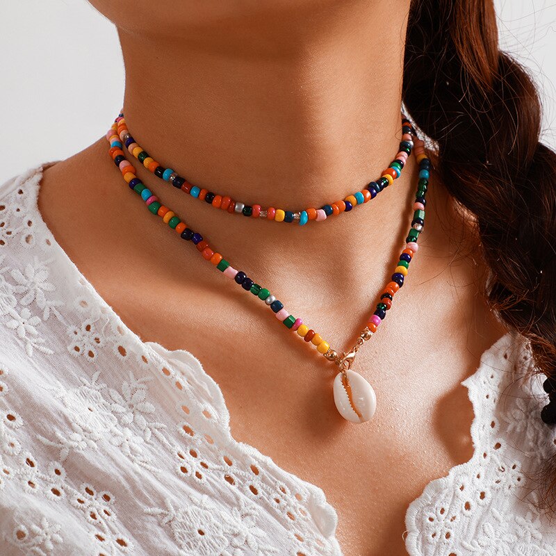 Bohemian Women Necklace Choker Tassel Charm Colorful Necklace Party Gift Small Round Beads Collares Gold Color Jewelry