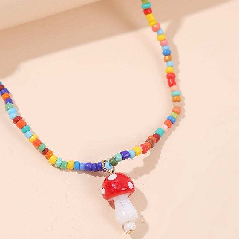 Bohemian Women's Multicolor Beads Handmade Necklaces For Women Boho Glass Mushroom Pendant Necklace Ladies Jewelry Gift