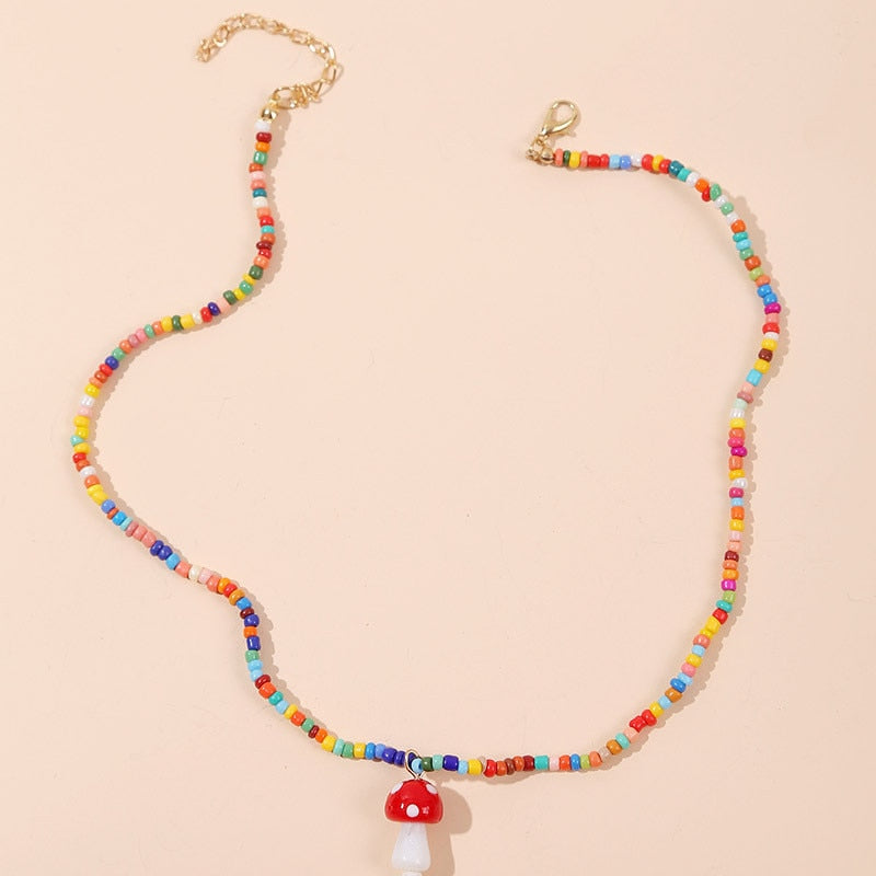 Bohemian Women's Multicolor Beads Handmade Necklaces For Women Boho Glass Mushroom Pendant Necklace Ladies Jewelry Gift
