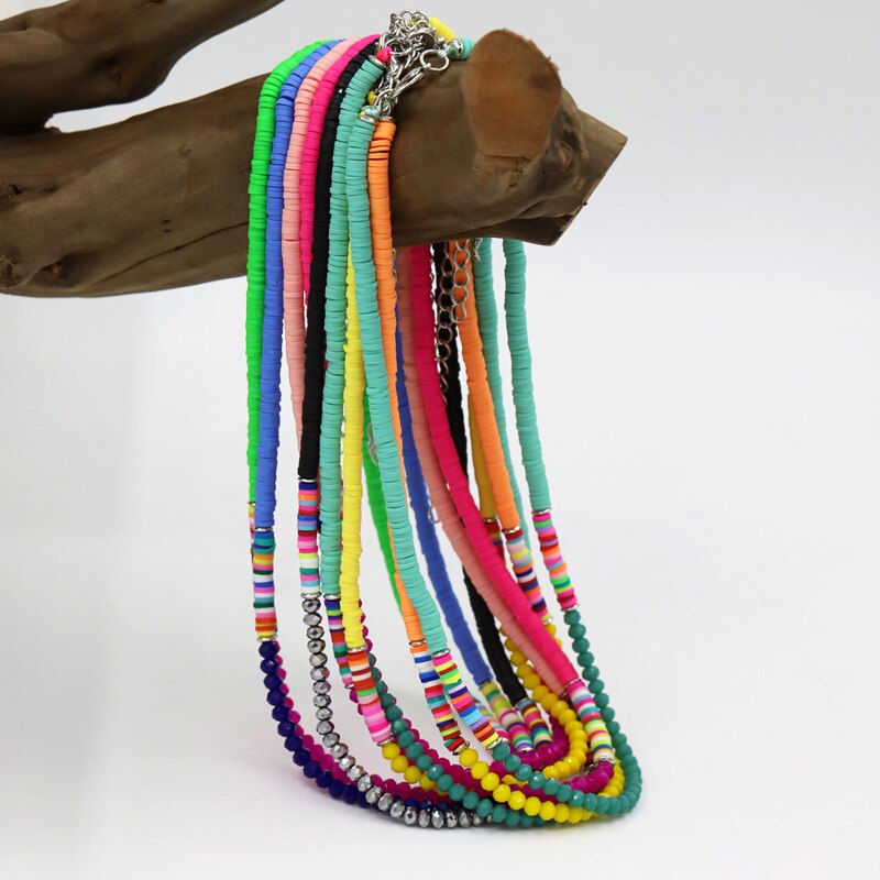 Bohemian Women's Necklace Multicolor Polymer Clay Crystal String Adjustable Choker Necklace Female Beach Jewelry