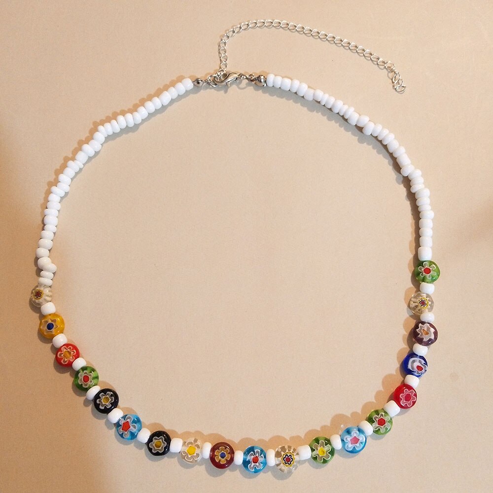 Bohemian ethnic colored glaze flower necklace 2021 ladies simple rice bead beaded jewelry factory direct sales