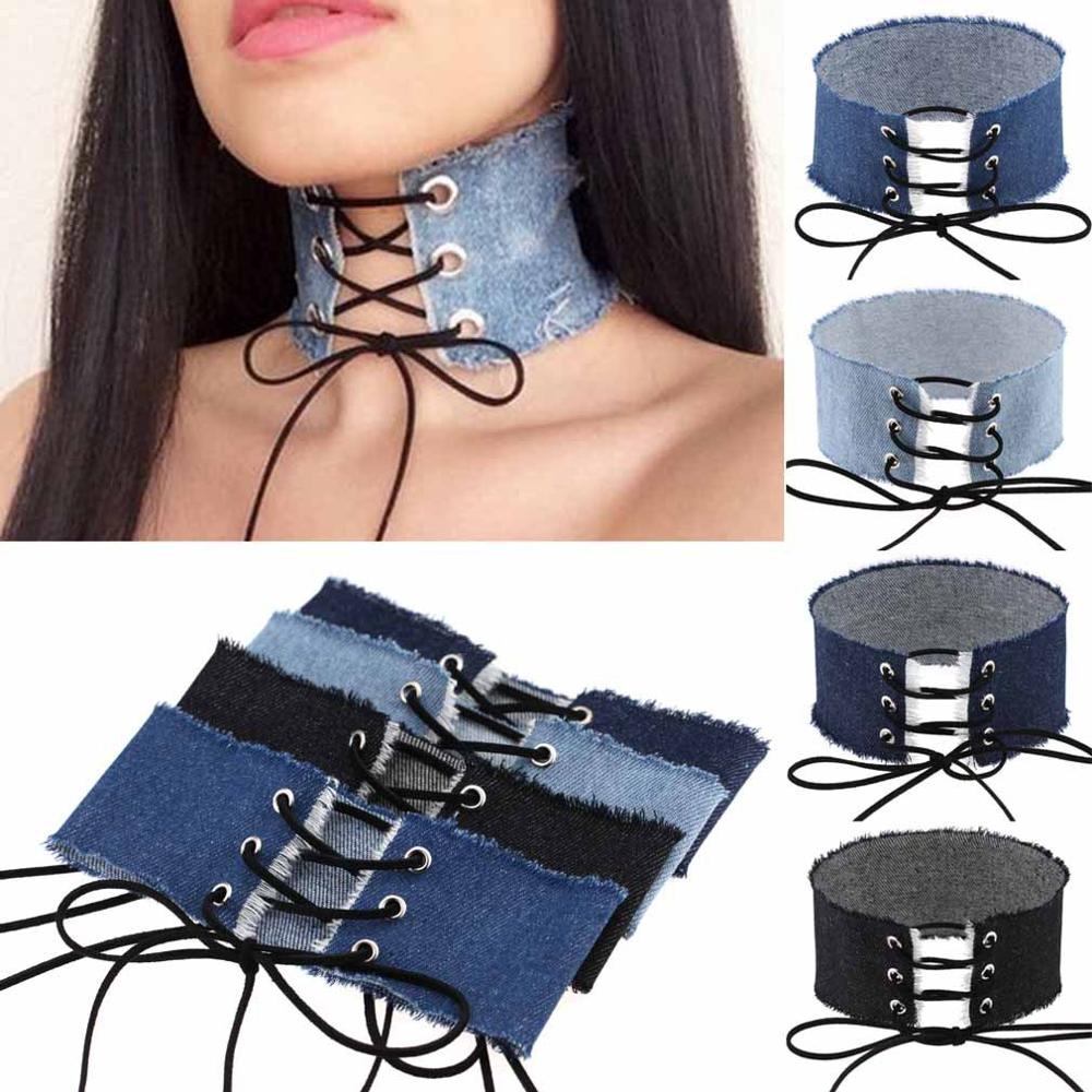 Bohemian handmade lace up bow tassel denim Necklace retro Necklace women's punk wide denim neckline high neck