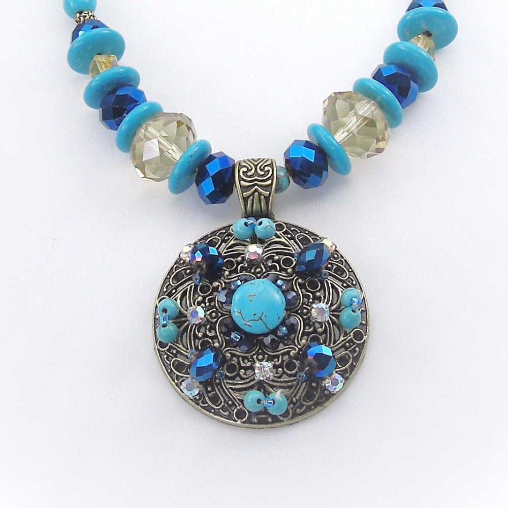 Bohemian style handmade turquoises necklace vintage ornament classic accessories Strand circle Pendant Flower Necklace For Women