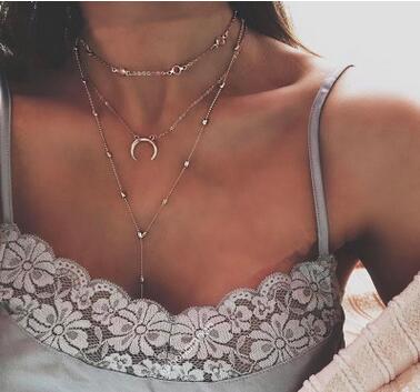 Bohemian style multi-tiered necklace pendant Bead crescent necklace Vintage silver necklace for ladies gifts drop shipping