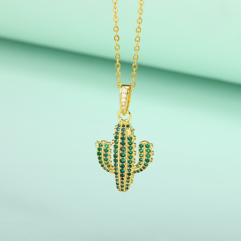 Boho 2022 Green Zirconia Cactus Pendant Necklace for Women Gold Color Chain Choker For Women Collares Party Jewelry Gifts