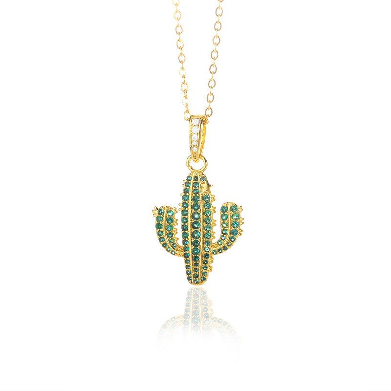 Boho 2022 Green Zirconia Cactus Pendant Necklace for Women Gold Color Chain Choker For Women Collares Party Jewelry Gifts