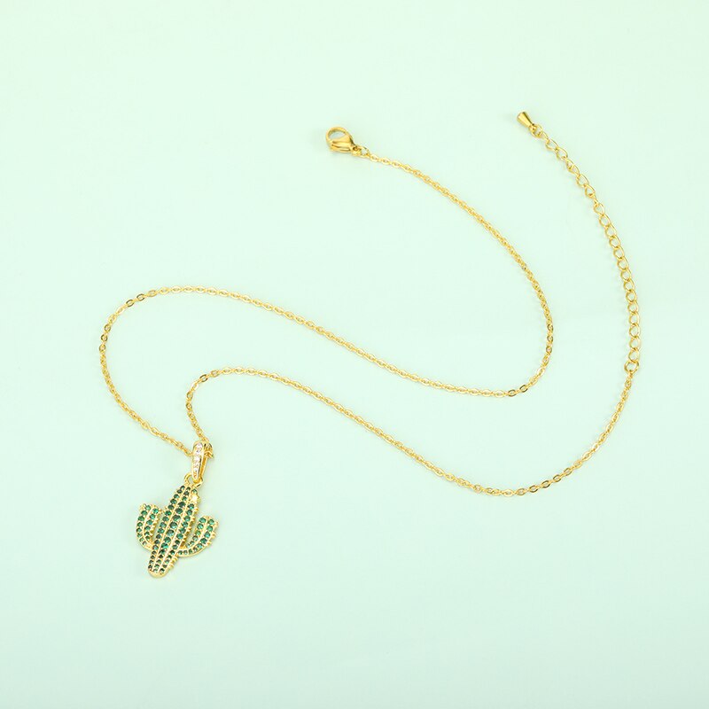 Boho 2022 Green Zirconia Cactus Pendant Necklace for Women Gold Color Chain Choker For Women Collares Party Jewelry Gifts