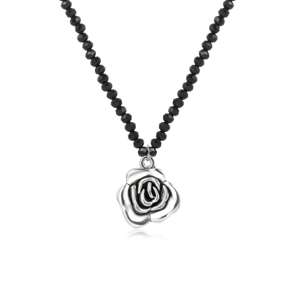 Boho Beads Choker Necklace Silver Color Rose Flower Charm for Women Seed Bead Pearl Necklaces Jewellery