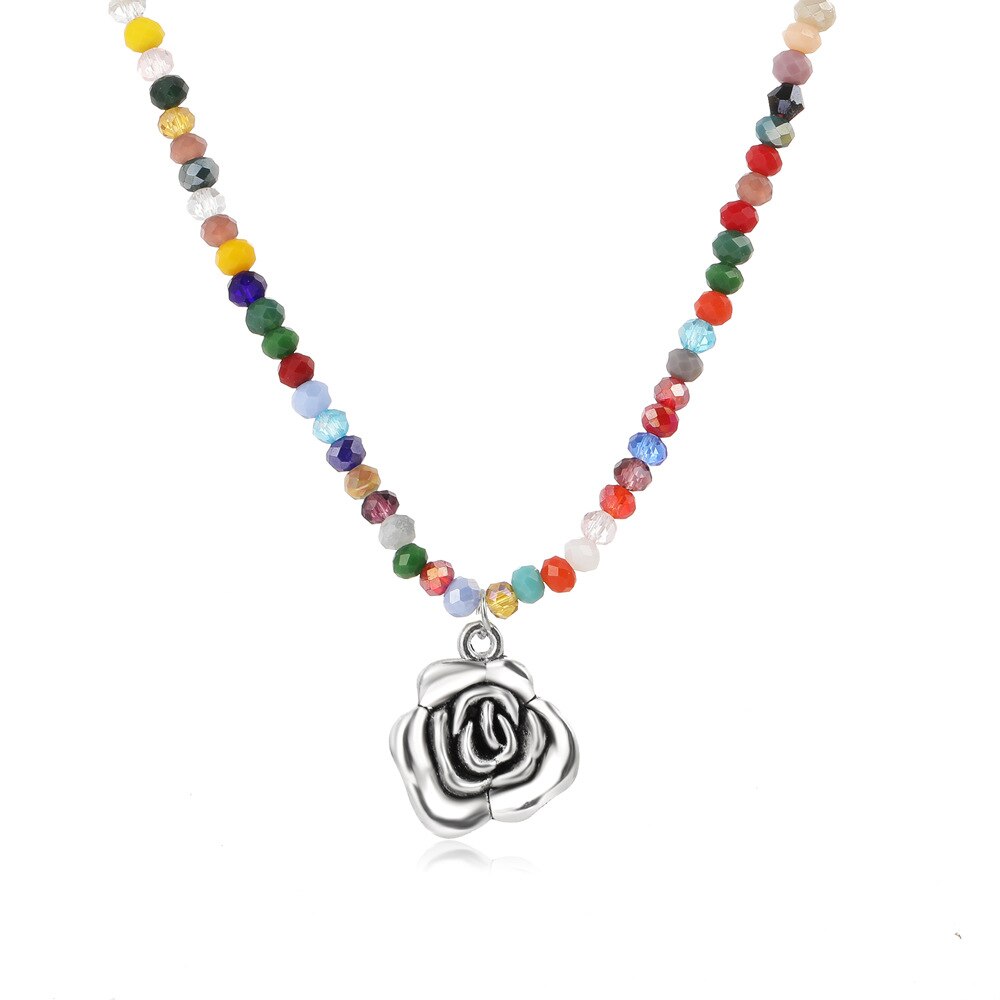 Boho Beads Choker Necklace Silver Color Rose Flower Charm for Women Seed Bead Pearl Necklaces Jewellery