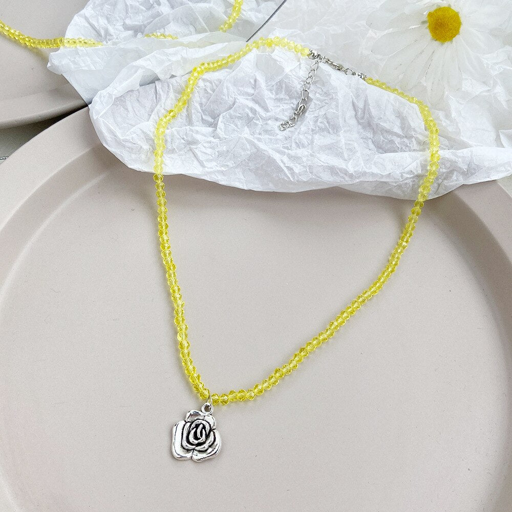 Boho Beads Choker Necklace Silver Color Rose Flower Charm for Women Seed Bead Pearl Necklaces Jewellery