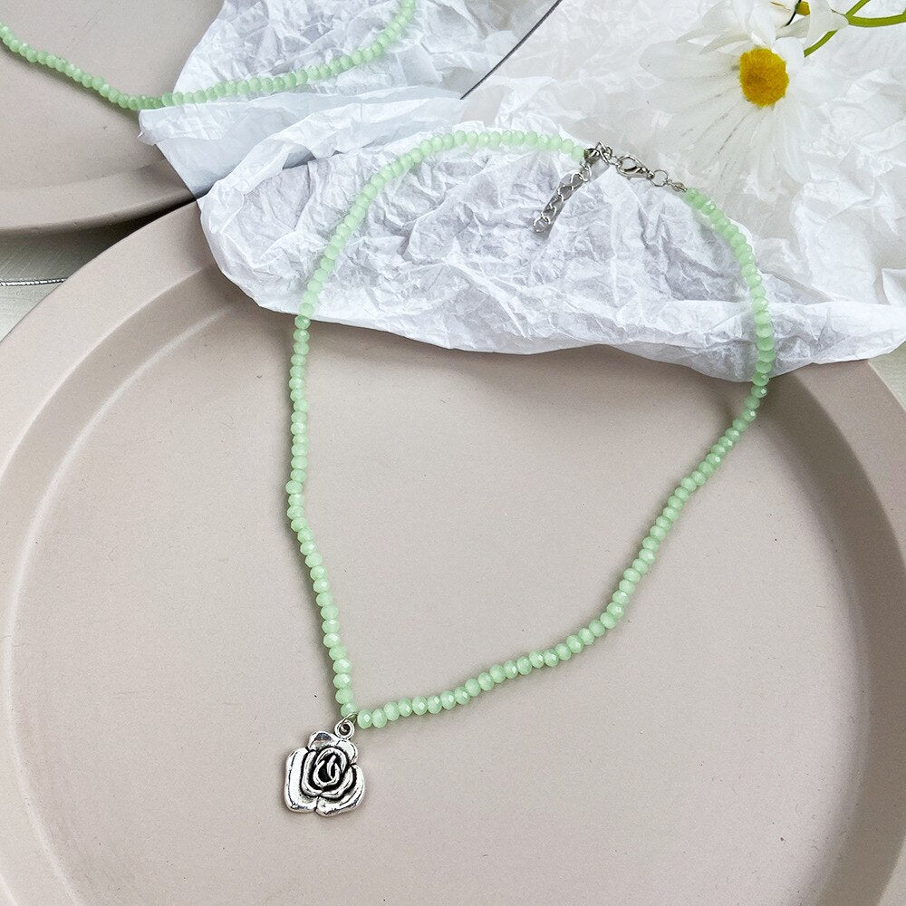 Boho Beads Choker Necklace Silver Color Rose Flower Charm for Women Seed Bead Pearl Necklaces Jewellery
