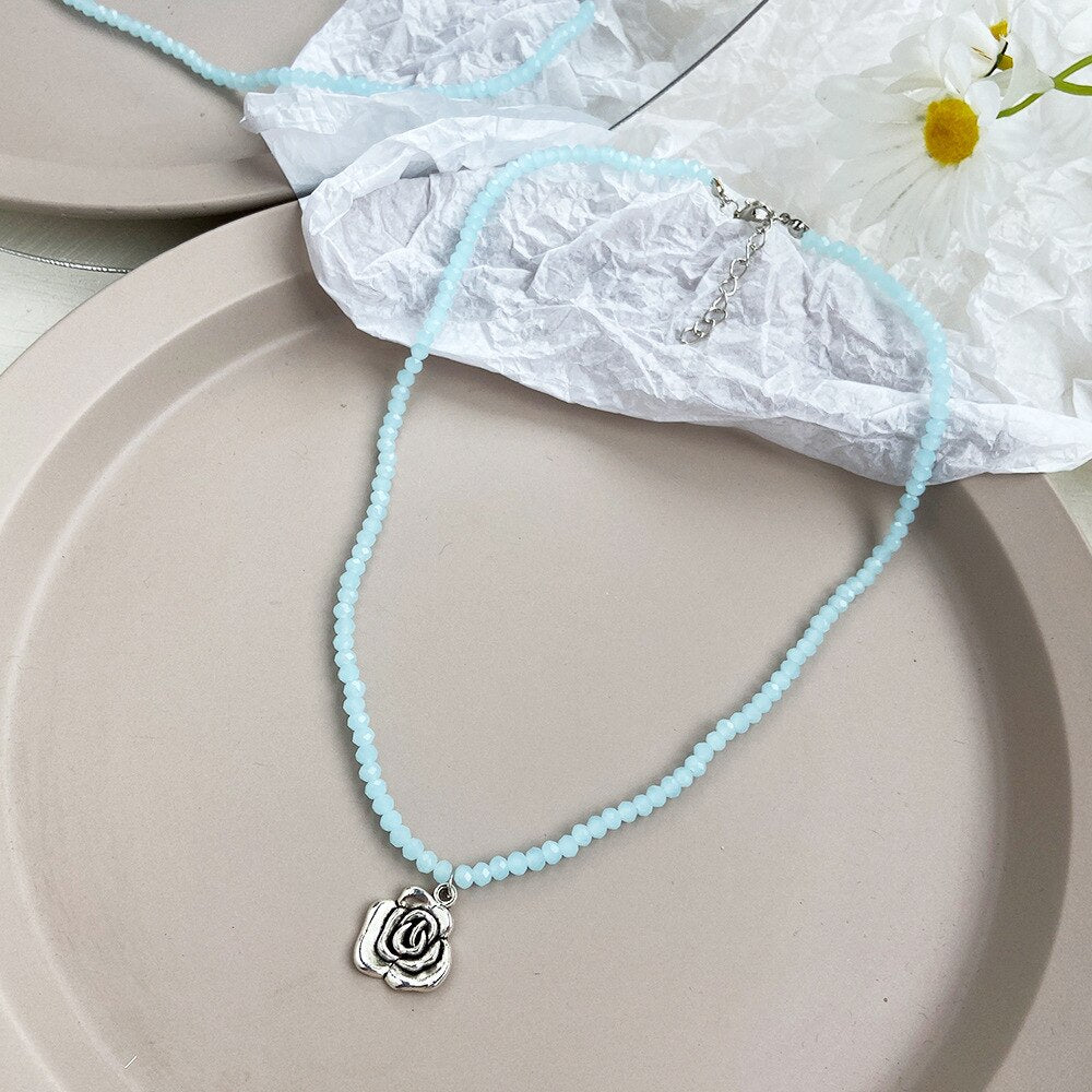 Boho Beads Choker Necklace Silver Color Rose Flower Charm for Women Seed Bead Pearl Necklaces Jewellery