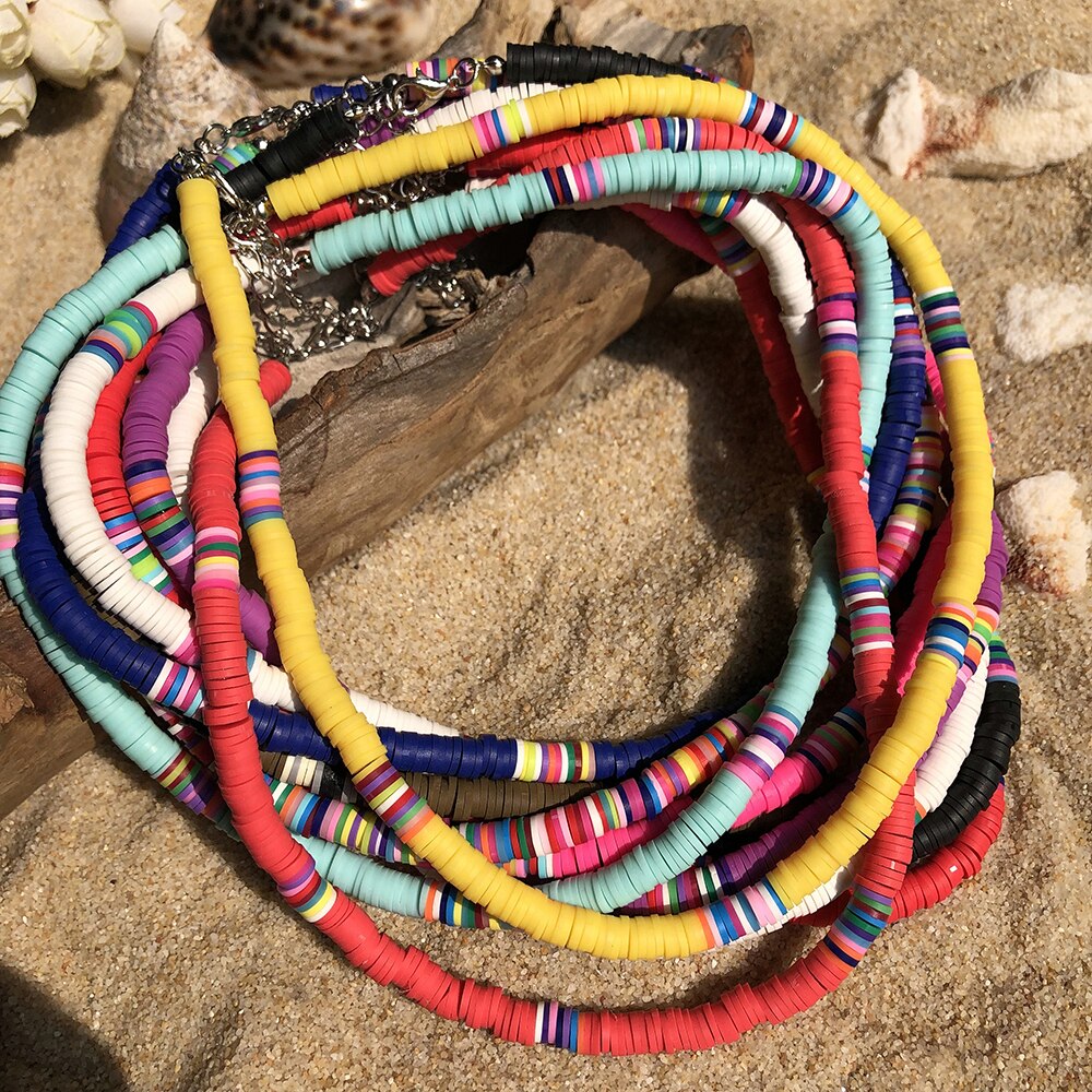 Boho Colorful Clay Necklace 6mm Round Soft Potter Beaded Choker Women Beach Party Jewelry Couple Vacation Gifts