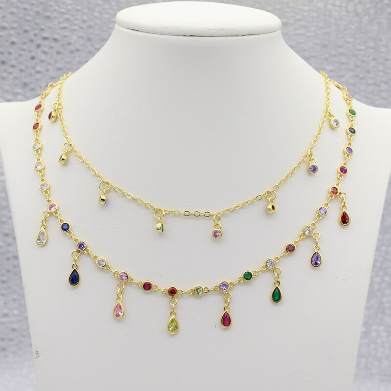 Boho Colorful Wter Drop Tassel Layered Gold Necklace rainbow cz Choker Pendant Women Neck Collier