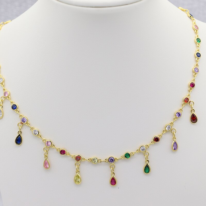 Boho Colorful Wter Drop Tassel Layered Gold Necklace rainbow cz Choker Pendant Women Neck Collier