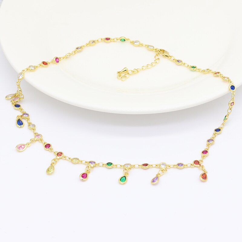 Boho Colorful Wter Drop Tassel Layered Gold Necklace rainbow cz Choker Pendant Women Neck Collier