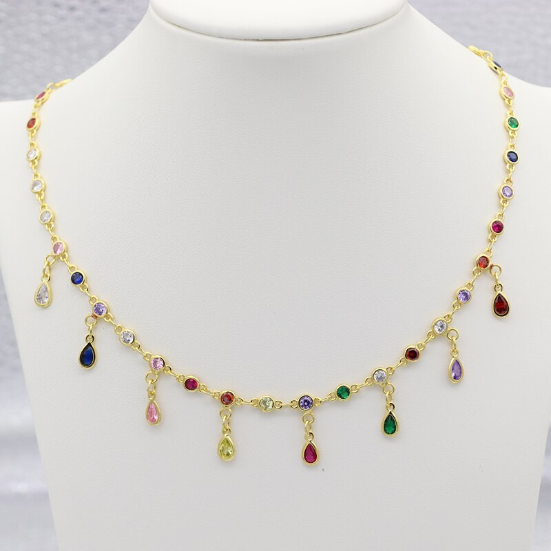 Boho Colorful Wter Drop Tassel Layered Gold Necklace rainbow cz Choker Pendant Women Neck Collier