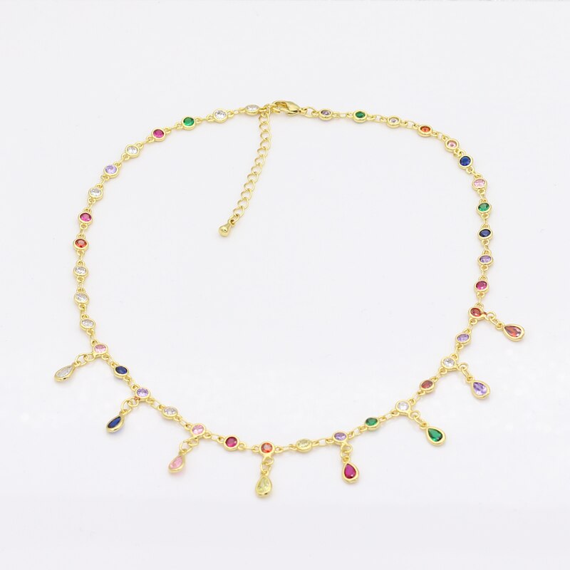 Boho Colorful Wter Drop Tassel Layered Gold Necklace rainbow cz Choker Pendant Women Neck Collier