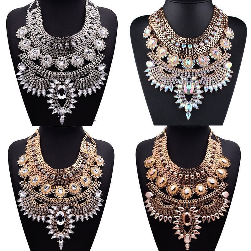 Boho Ethnic Big Bib Maxi Choker Necklaces Women Jewellery Indian Vintage Statement Crystal Rhinestone Large Collar Necklace Girl
